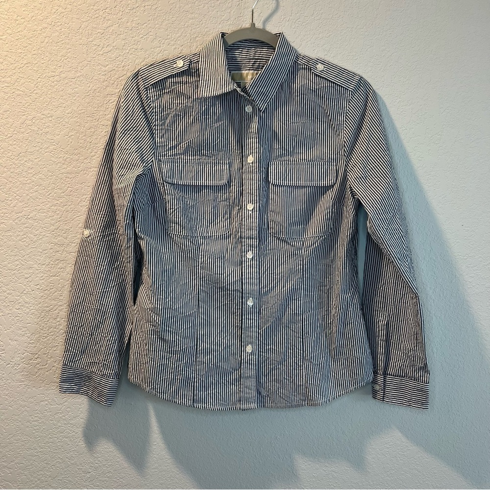 Women’s Michael Kors navy blue striped button up shirt size petite small PS